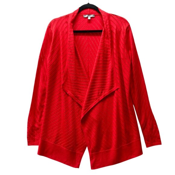 Neiman Marcus Open Pointelle Red Cardigan, Medium, Silk Cashmere Wool Waterfall - Picture 1 of 10